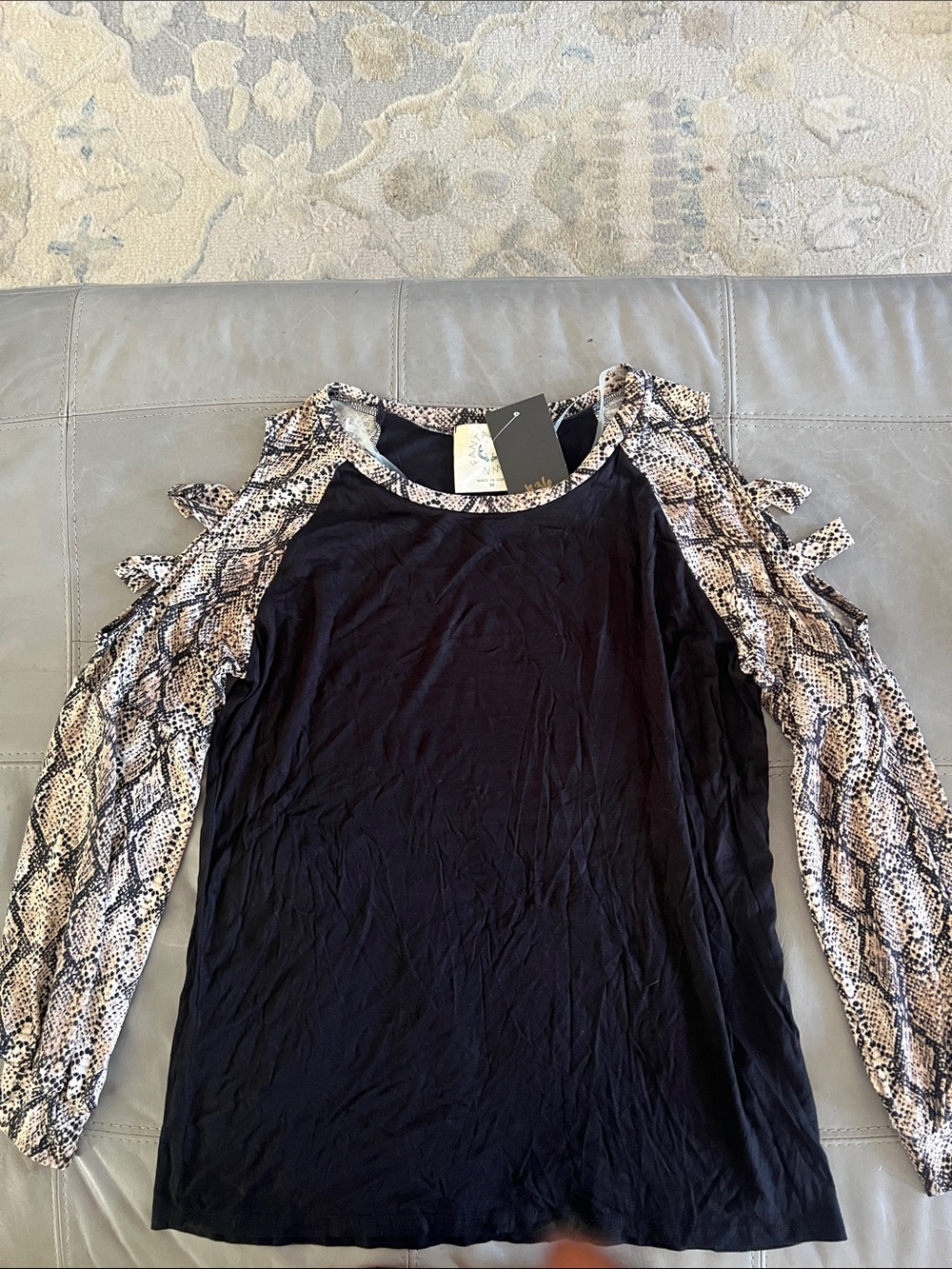 Fantastic Fawn Black Body Snake-Print Cold-Shoulder Top